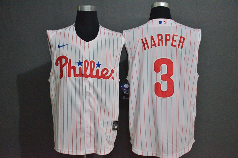 Philadelphia Phillies #3 Bryce Harper White Pinstripe 2020 Cool and Refreshing Sleeveless Fan Stitched Jersey