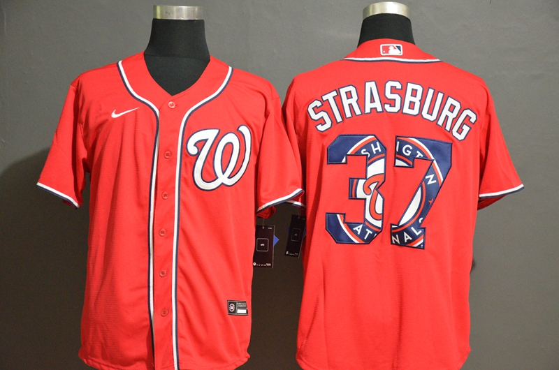 Washington Nationals #37 Stephen Strasburg Red Team Logo Stitched Cool Base Jersey