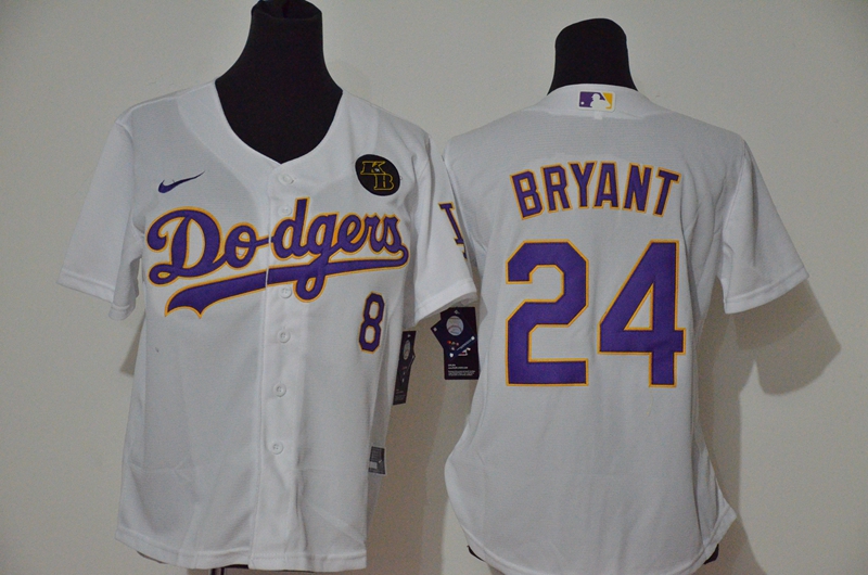 Women's Los Angeles Dodgers #24 Kobe Bryant White Purple Name KB Patch Stitched Cool Base Jersey Women's Los Angeles Dodgers #24 Kobe Bryant White Purple Name KB Patch Stitched Cool Base Jersey
