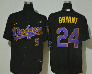 Los Angeles Dodgers #24 Kobe Bryant Black With Purple Name KB Patch Stitched Cool Base Jersey