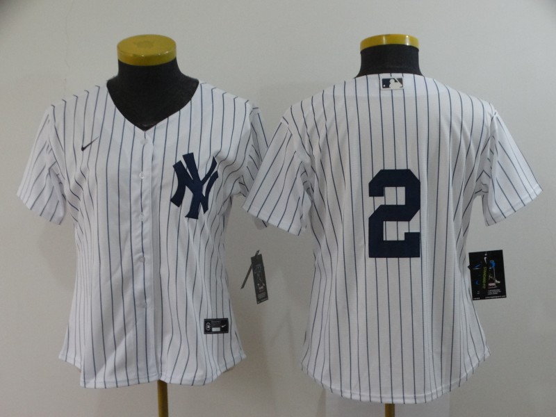 Women's New York Yankees #2 Derek Jeter White No Name Stitched Cool Base Jersey