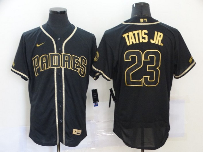 San Diego Padres #23 Fernando Tatis Jr. Black With Gold Stitched Flex Base Jersey