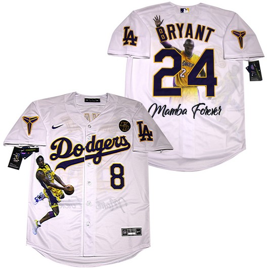 Los Angeles Dodgers #8 #24 Kobe Bryant White With KB Patch Cool Base Stitched Fashion Jersey Los Angeles Dodgers #8 #24 Kobe Bryant White With KB Patch Cool Base Stitched Fashion Jersey
