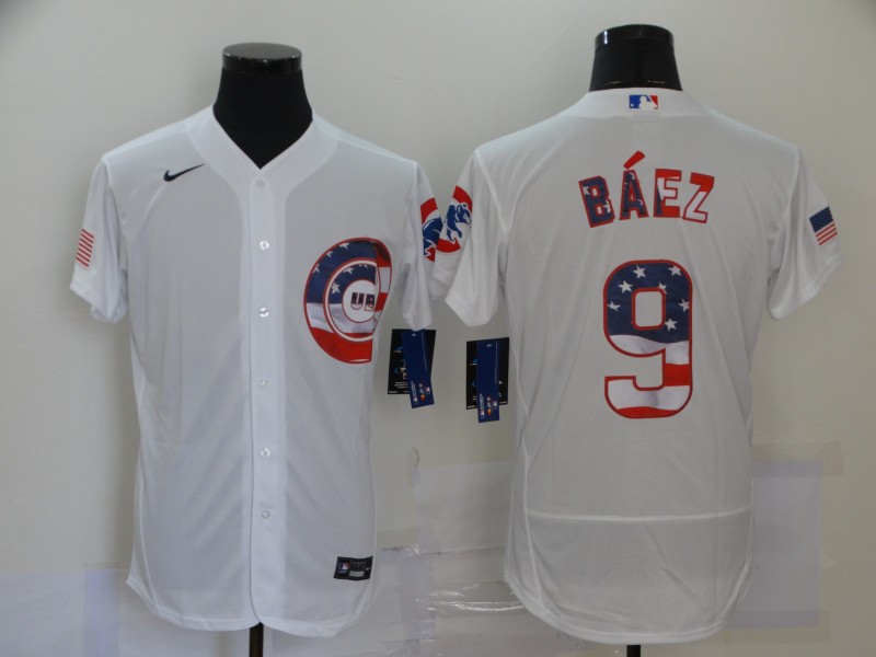 Chicago Cubs #9 Javier Baez Blue White USA Flag Stitched Flex Base Jersey