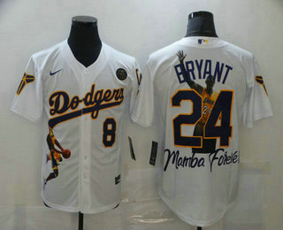 Los Angeles Dodgers Front #8 Back #24 Kobe Bryant White With KB Patch Cool Base Stitched Fashion Jersey