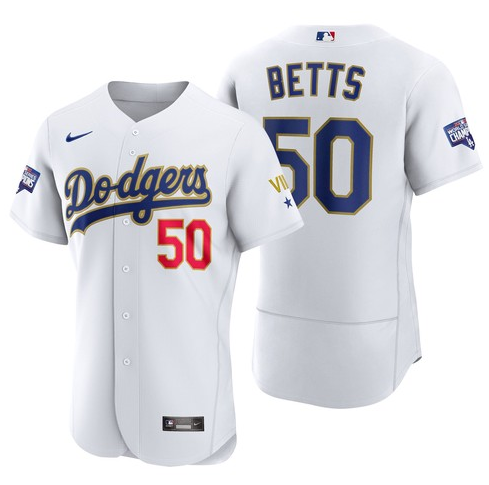 Los Angeles Dodgers #50 Mookie Betts White Gold Championship Flex Base Sttiched Jersey