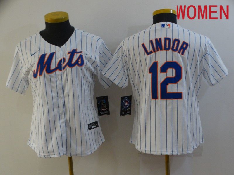 Women's New York Mets 12 Lindor White stripe Game 2021 Jersey
