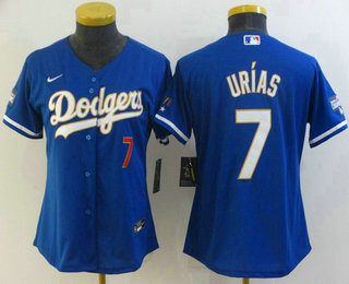 Women's Los Angeles Dodgers #7 Julio Urias Red Number Blue Gold Championship Stitched Cool Base Jersey