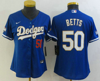 Women's Los Angeles Dodgers #50 Mookie Betts Red Number Blue Gold Championship Stitched Cool Base Jersey Women's Los Angeles Dodgers #50 Mookie Betts Red Number Blue Gold Championship Stitched Cool Base Jersey