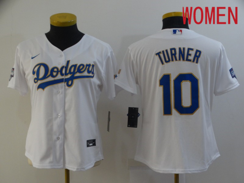 Women's Los Angeles Dodgers 10 Turner White Game 2021 Jersey Women's Los Angeles Dodgers 10 Turner White Game 2021 Jersey