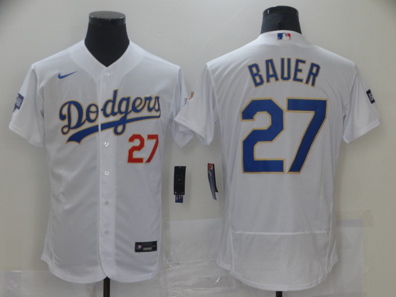 Los Angeles Dodgers #27 Trevor Bauer White Gold Champions Patch Stitched Flex Base Jersey