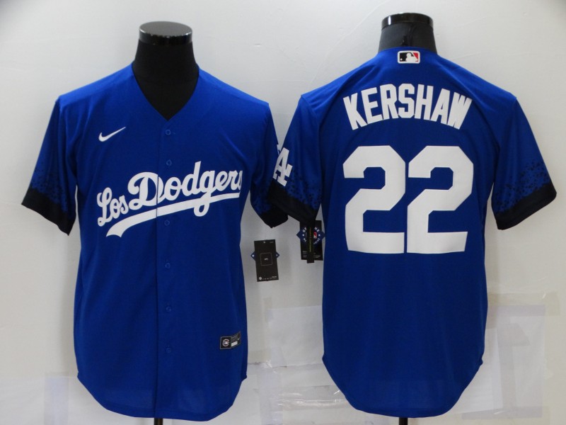 Los Angeles Dodgers #22 Clayton Kershaw Blue 2021 City Connect Cool Base Stitched Jersey