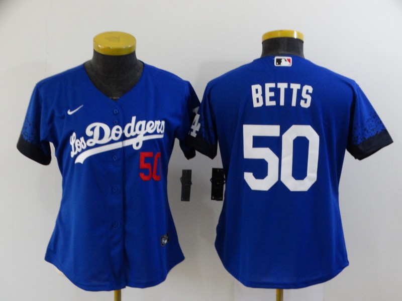 Women's Los Angeles Dodgers #50 Mookie Betts Blue 2021 City Connect Number Cool Base Stitched Jersey Women's Los Angeles Dodgers #50 Mookie Betts Blue 2021 City Connect Number Cool Base Stitched Jersey