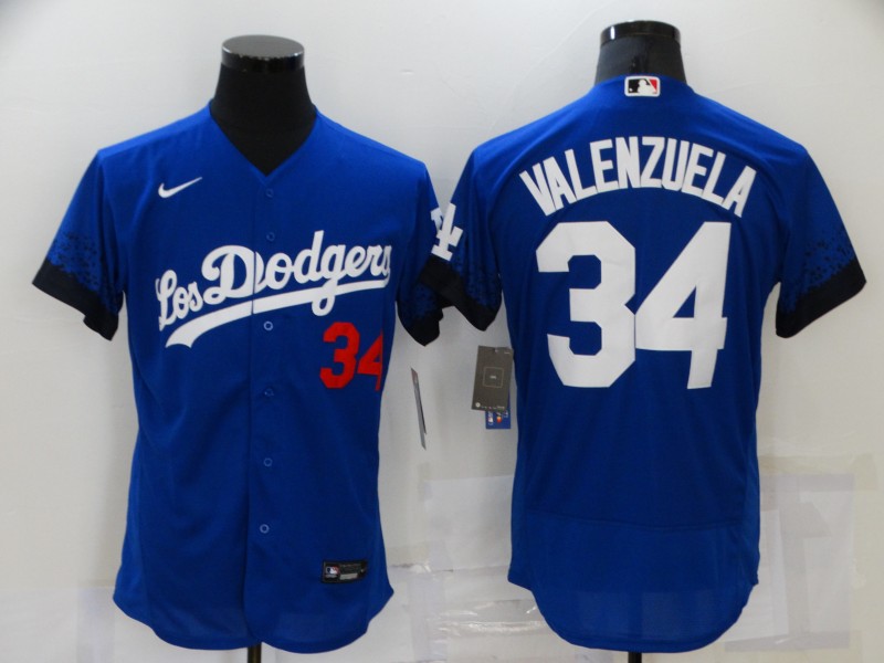 Los Angeles Dodgers #34 Fernando Valenzuela Blue 2021 City Connect Flex Base Stitched Jersey