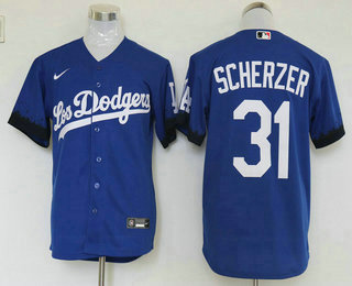 Los Angeles Dodgers #31 Max Scherzer Blue 2021 City Connect Cool Base Stitched Jersey