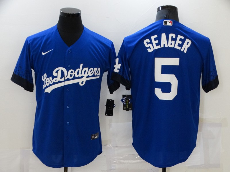 Los Angeles Dodgers #5 Corey Seager Blue 2021 City Connect Cool Base Stitched Jersey