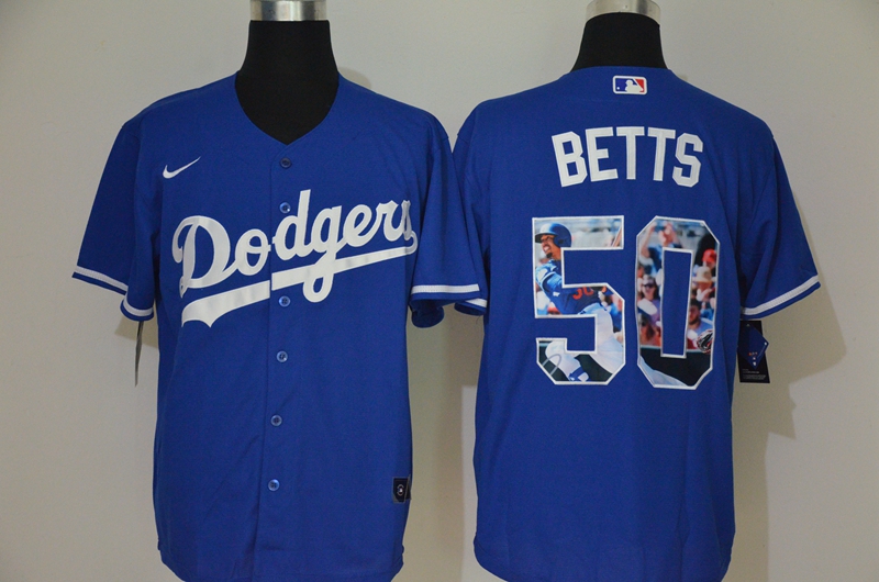 Los Angeles Dodgers #50 Mookie Betts Blue Unforgettable Moment Stitched Fashion Cool Base Jersey