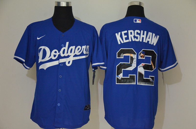 Los Angeles Dodgers #22 Clayton Kershaw Blue Unforgettable Moment Stitched Fashion Cool Base Jersey