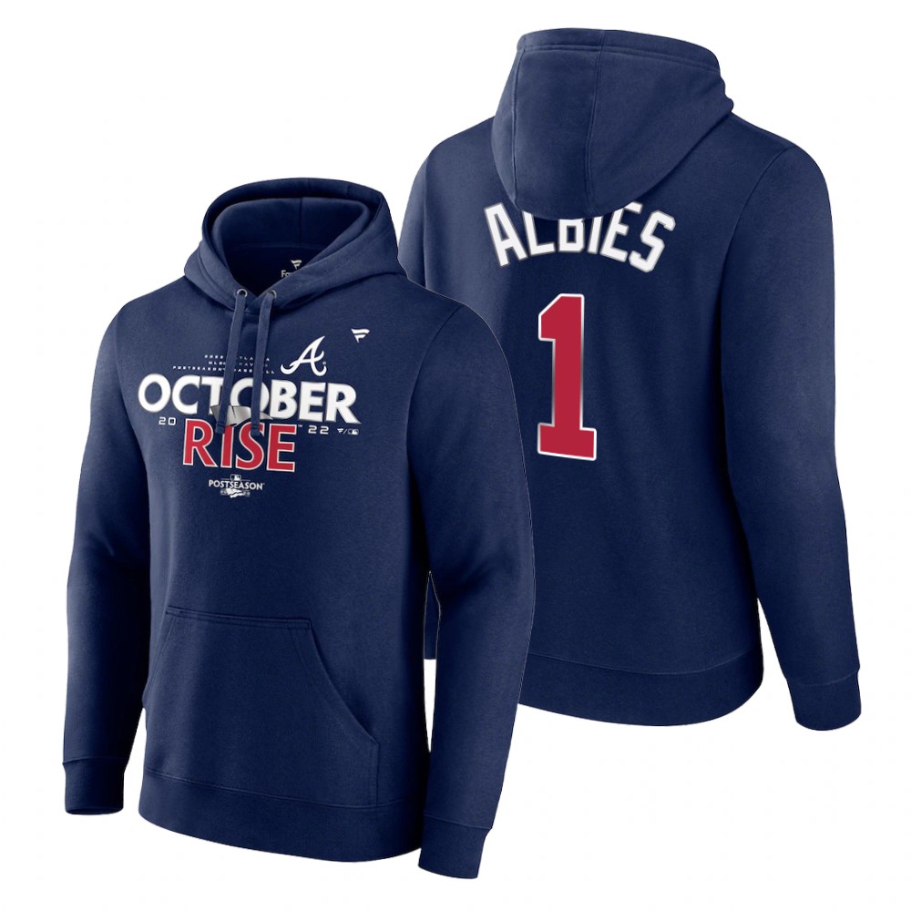 Atlanta Braves Ozzie Albies Navy 2022 Postseason Locker Room Hoodie Atlanta Braves Ozzie Albies Navy 2022 Postseason Locker Room Hoodie