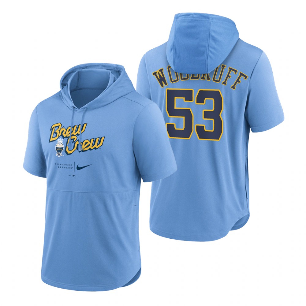 Milwaukee Brewers Brandon Woodruff Powder Blue 2022 City Connect Short Sleeve Pullover Hoodie Milwaukee Brewers Brandon Woodruff Powder Blue 2022 City Connect Short Sleeve Pullover Hoodie