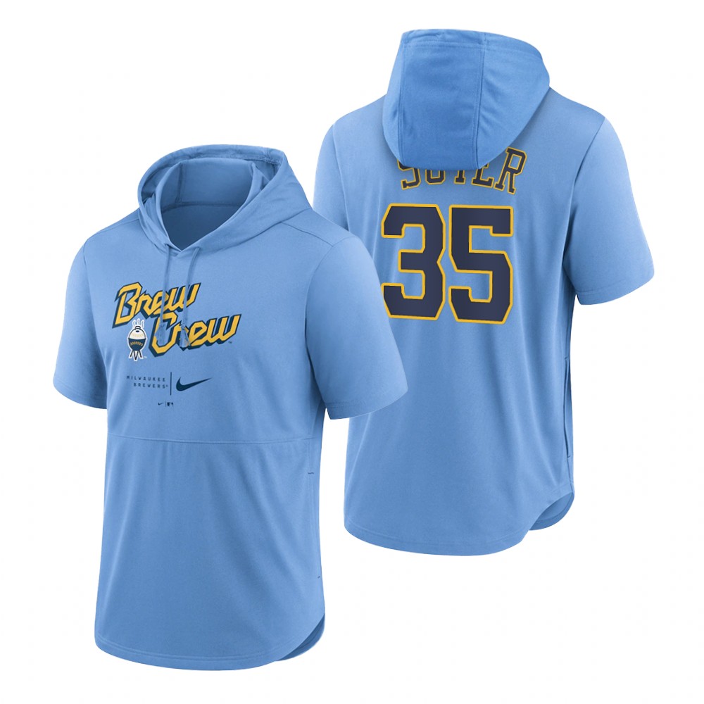 Milwaukee Brewers Brent Suter Powder Blue 2022 City Connect Short Sleeve Pullover Hoodie Milwaukee Brewers Brent Suter Powder Blue 2022 City Connect Short Sleeve Pullover Hoodie