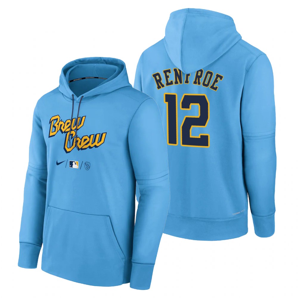 Milwaukee Brewers Hunter Renfroe Powder Blue 2022 City Connect Therma Hoodie Milwaukee Brewers Hunter Renfroe Powder Blue 2022 City Connect Therma Hoodie