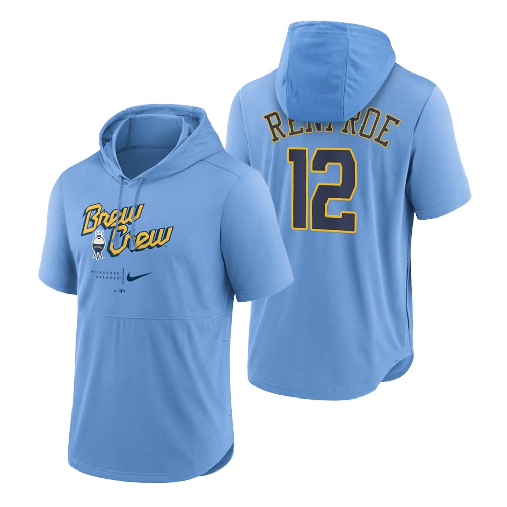 Milwaukee Brewers Hunter Renfroe Powder Blue 2022 City Connect Short Sleeve Pullover Hoodie Milwaukee Brewers Hunter Renfroe Powder Blue 2022 City Connect Short Sleeve Pullover Hoodie