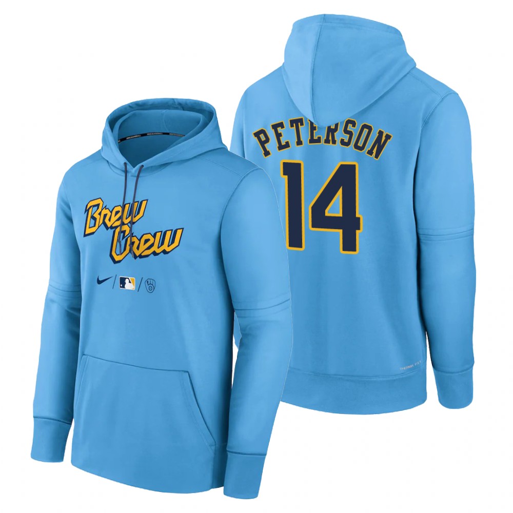 Milwaukee Brewers Jace Peterson Powder Blue 2022 City Connect Therma Hoodie Milwaukee Brewers Jace Peterson Powder Blue 2022 City Connect Therma Hoodie