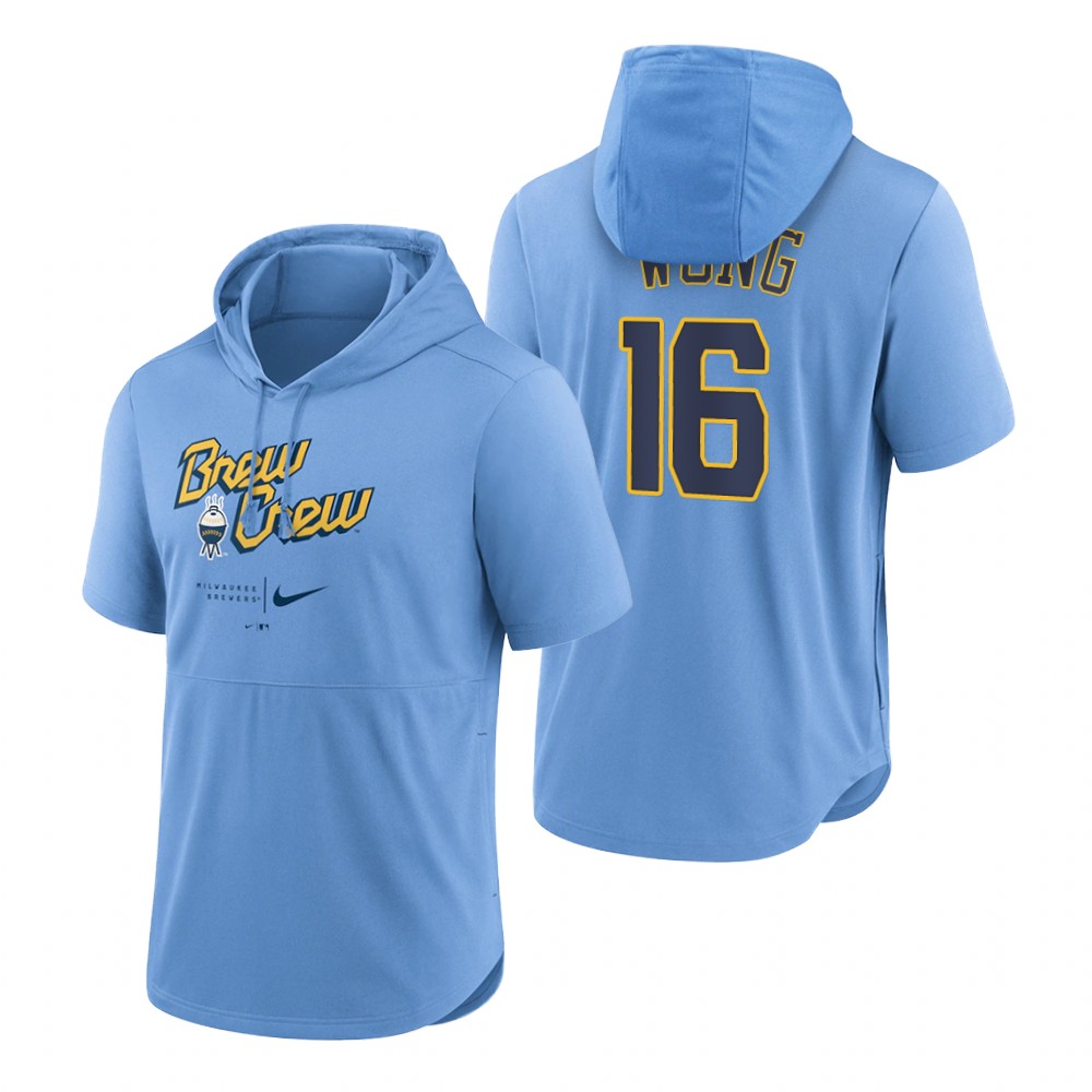 Milwaukee Brewers Kolten Wong Powder Blue 2022 City Connect Short Sleeve Pullover Hoodie