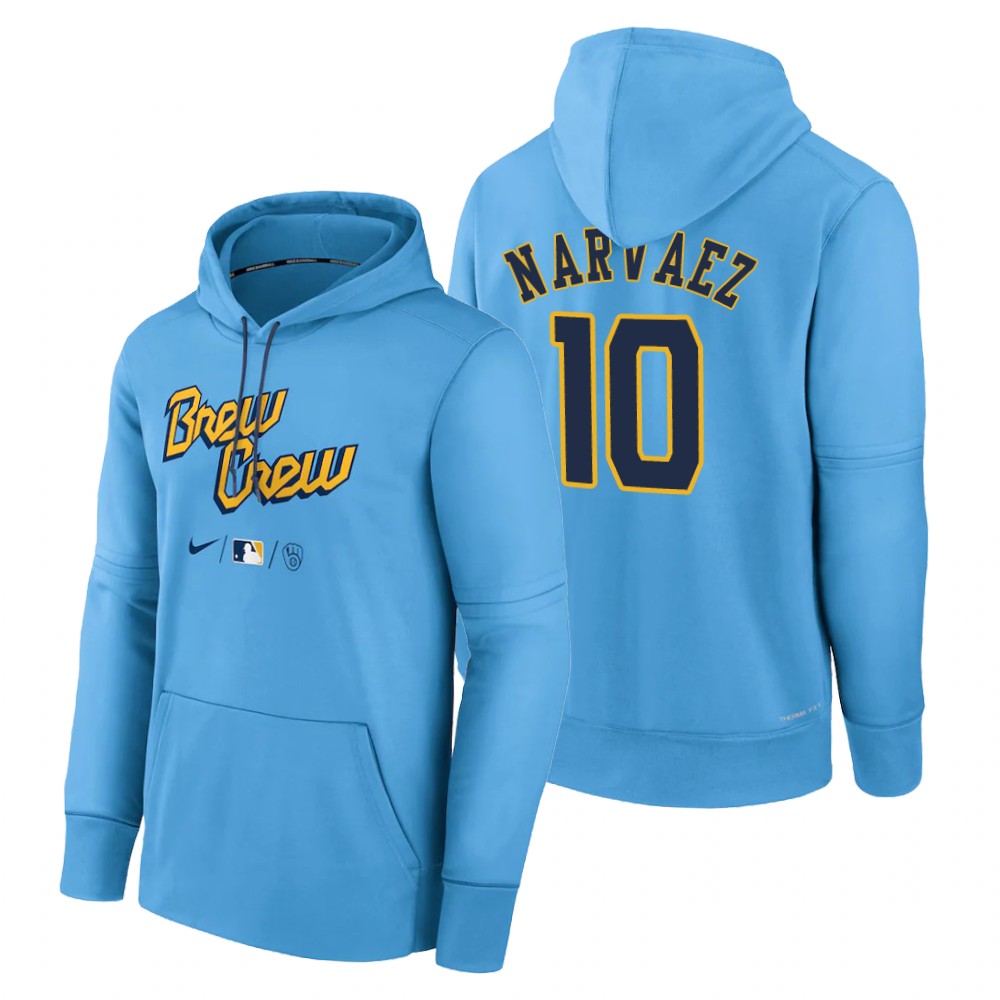 Milwaukee Brewers Omar Narvaez Powder Blue 2022 City Connect Therma Hoodie