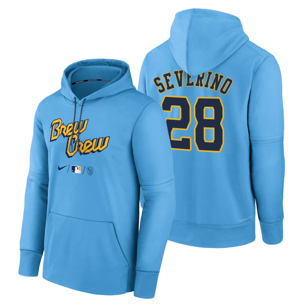 Milwaukee Brewers Pedro Severino Powder Blue 2022 City Connect Therma Hoodie Milwaukee Brewers Pedro Severino Powder Blue 2022 City Connect Therma Hoodie