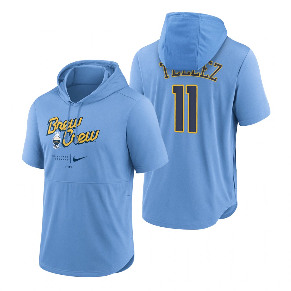 Milwaukee Brewers Rowdy Tellez Powder Blue 2022 City Connect Short Sleeve Pullover Hoodie Milwaukee Brewers Rowdy Tellez Powder Blue 2022 City Connect Short Sleeve Pullover Hoodie