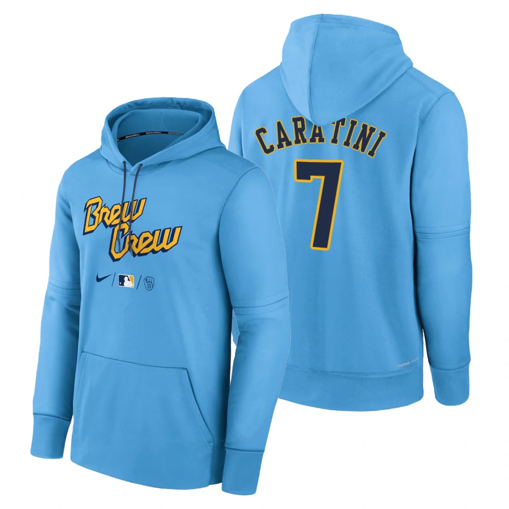 Milwaukee Brewers Victor Caratini Powder Blue 2022 City Connect Therma Hoodie Milwaukee Brewers Victor Caratini Powder Blue 2022 City Connect Therma Hoodie