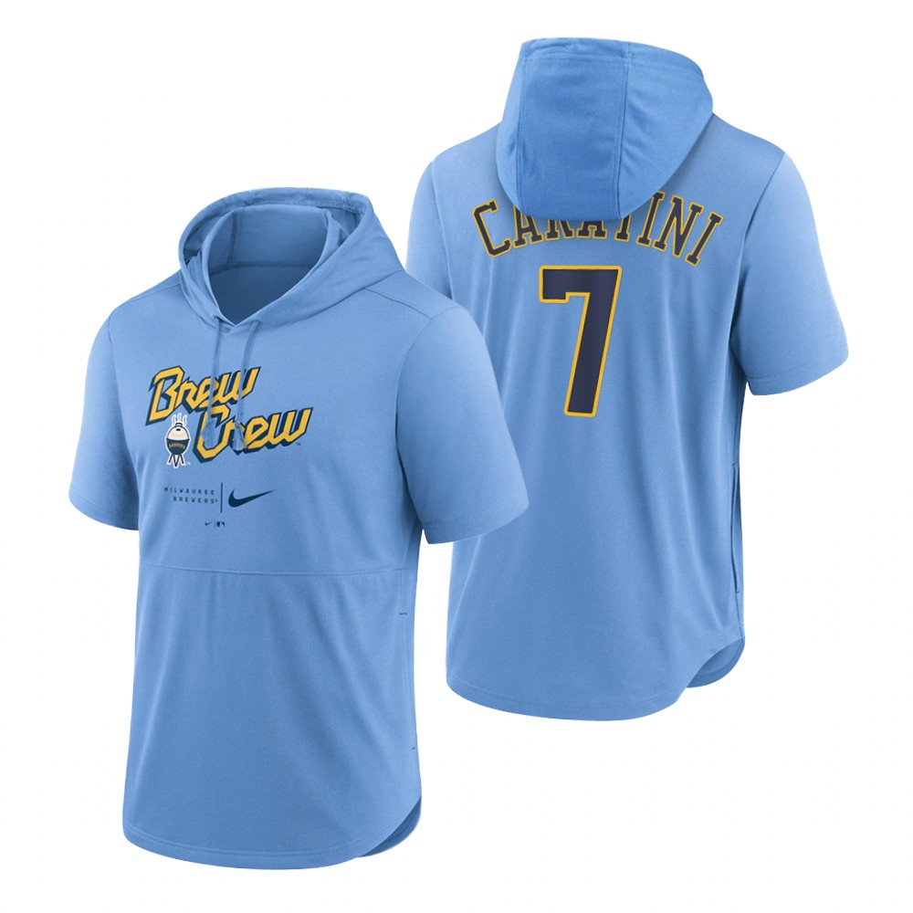 Milwaukee Brewers Victor Caratini Powder Blue 2022 City Connect Short Sleeve Pullover Hoodie Milwaukee Brewers Victor Caratini Powder Blue 2022 City Connect Short Sleeve Pullover Hoodie