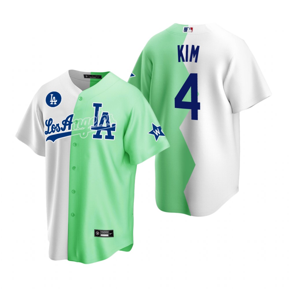 Los Angeles Dodgers Chloe Kim White Green 2022 Celebrity Softball Game Split Jersey Los Angeles Dodgers Chloe Kim White Green 2022 Celebrity Softball Game Split Jersey