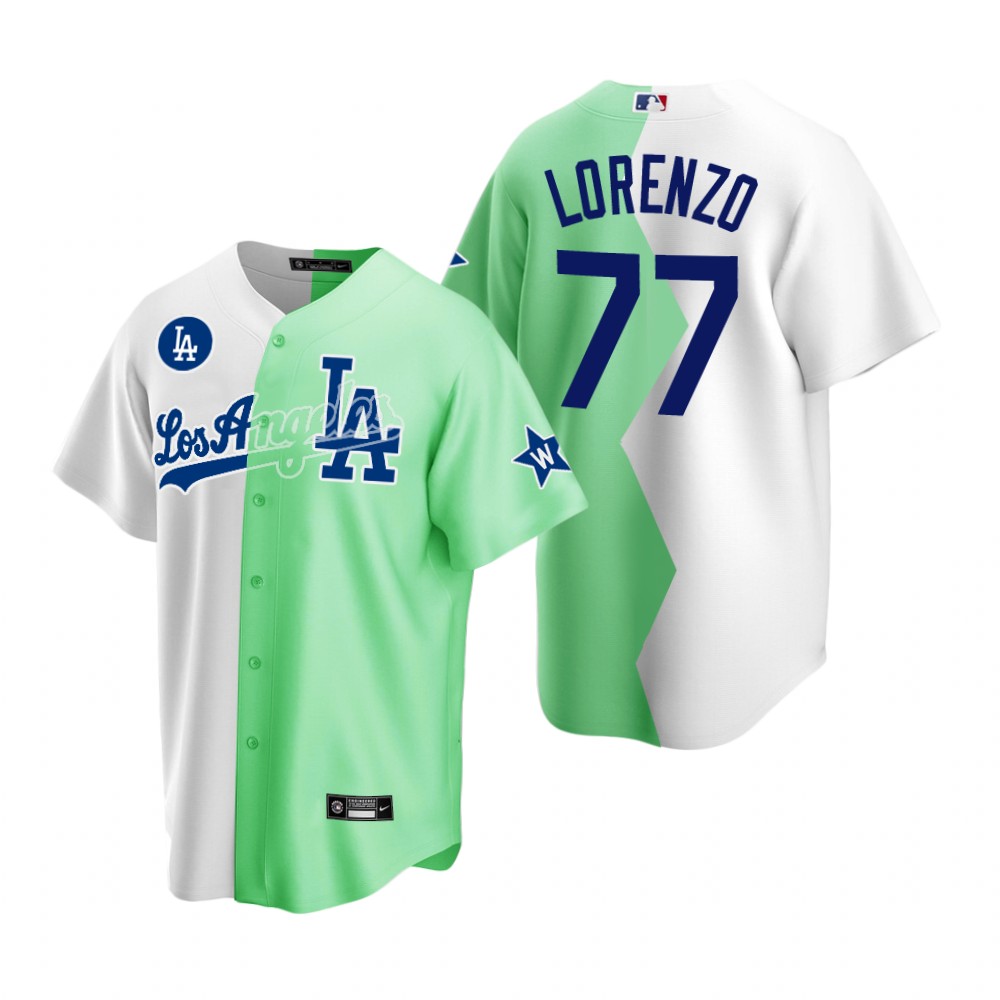 Los Angeles Dodgers Jerry Lorenzo White Green 2022 Celebrity Softball Game Split Jersey Los Angeles Dodgers Jerry Lorenzo White Green 2022 Celebrity Softball Game Split Jersey