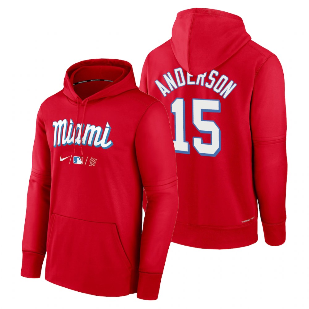 Miami Marlins Brian Anderson Red 2022 City Connect Collection Performance Pullover Hoodie Miami Marlins Brian Anderson Red 2022 City Connect Collection Performance Pullover Hoodie