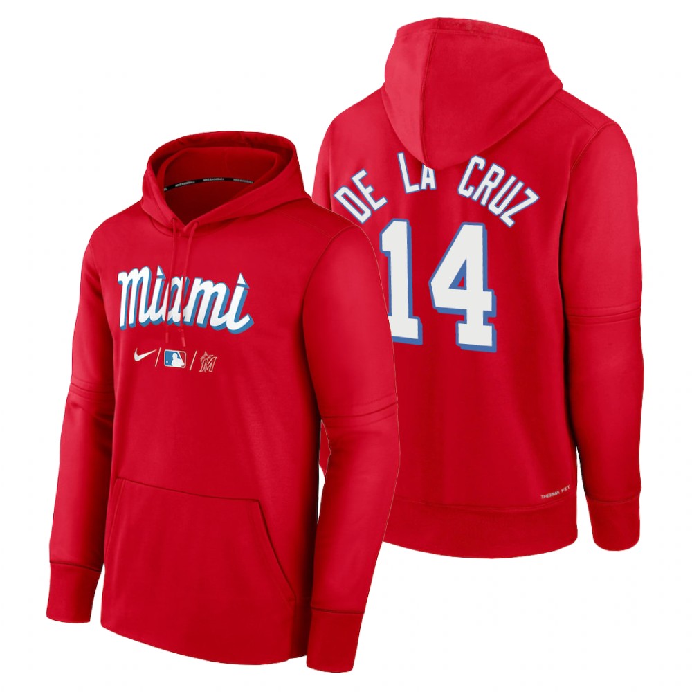 Miami Marlins Bryan De La Cruz Red 2022 City Connect Collection Performance Pullover Hoodie Miami Marlins Bryan De La Cruz Red 2022 City Connect Collection Performance Pullover Hoodie