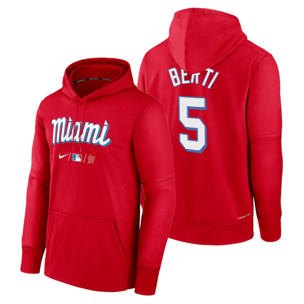 Miami Marlins Jon Berti Red 2022 City Connect Collection Performance Pullover Hoodie Miami Marlins Jon Berti Red 2022 City Connect Collection Performance Pullover Hoodie