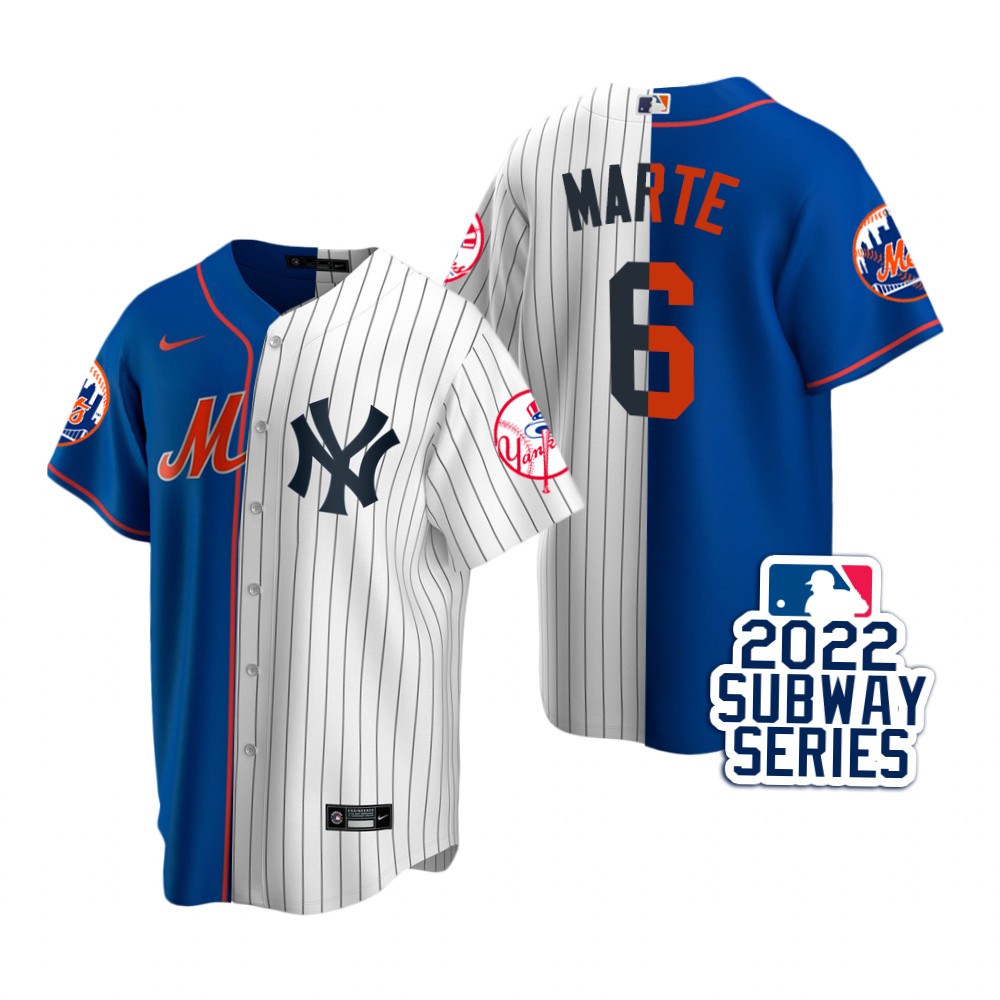 New York Mets Starling Marte Royal White 2022 Subway Series Split Jersey New York Mets Starling Marte Royal White 2022 Subway Series Split Jersey