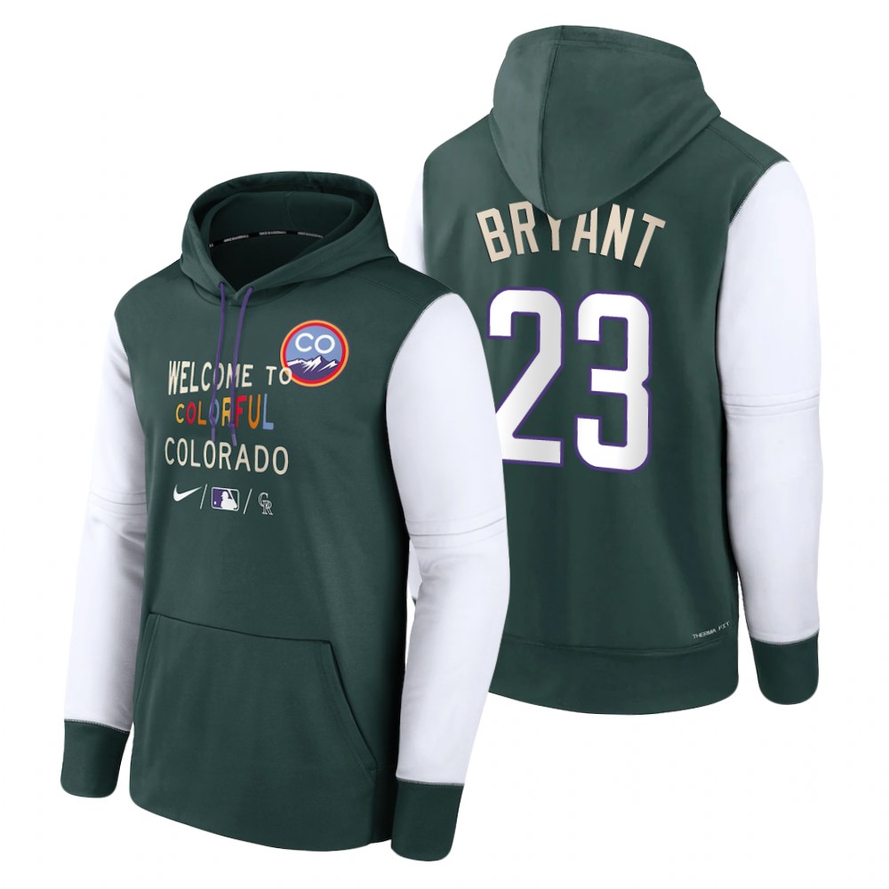Colorado Rockies Kris Bryant Green 2022 City Connect Therma Hoodie Colorado Rockies Kris Bryant Green 2022 City Connect Therma Hoodie