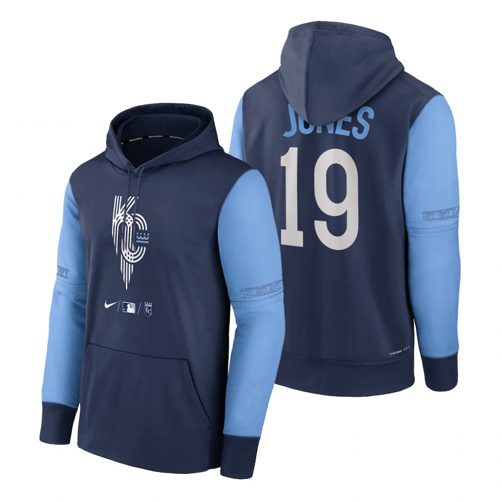 Kansas City Royals JaCoby Jones Navy 2022 City Connect Pullover Hoodie Kansas City Royals JaCoby Jones Navy 2022 City Connect Pullover Hoodie
