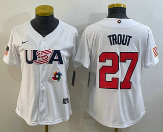 Women's USA Baseball #27 Mike Trout 2023 White World Classic Replica Jersey