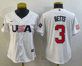 Women's USA Baseball #3 Mookie Betts 2023 White World Classic Replica Jersey