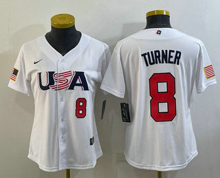 Women's USA Baseball #8 Trea Turner 2023 WBC Jersey - White Women's USA Baseball #8 Trea Turner 2023 WBC Jersey - White
