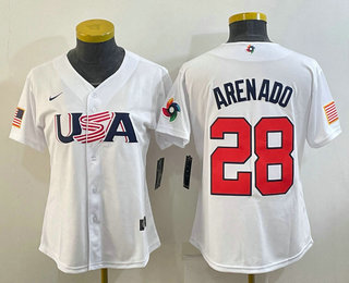 Women's USA Baseball #28 Nolan Arenado 2023 White World Classic Replica Jersey