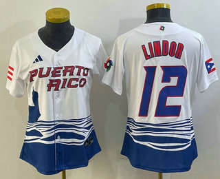 Women's Puerto Rico Baseball #12 Francisco Lindor 2023 WBC Jersey - White Women's Puerto Rico Baseball #12 Francisco Lindor 2023 WBC Jersey - White