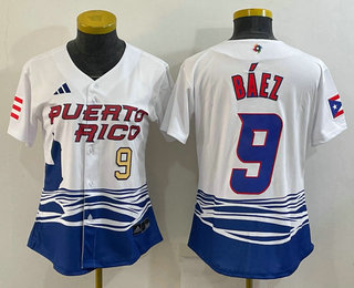 Women's Puerto Rico Baseball #9 Javier Baez White 2023 World Baseball Classic Jersey