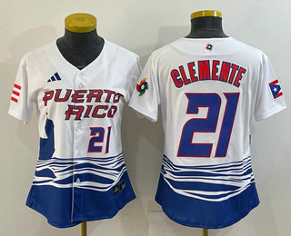 Women's Puerto Rico Baseball #21 Roberto Clemente 2023 WBC Jersey - White Women's Puerto Rico Baseball #21 Roberto Clemente 2023 WBC Jersey - White