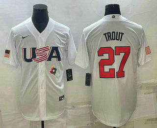 Men's USA Baseball #27 Mike Trout 2023 World Baseball Classic Jersey - White Replica Men's USA Baseball #27 Mike Trout 2023 World Baseball Classic Jersey - White Replica